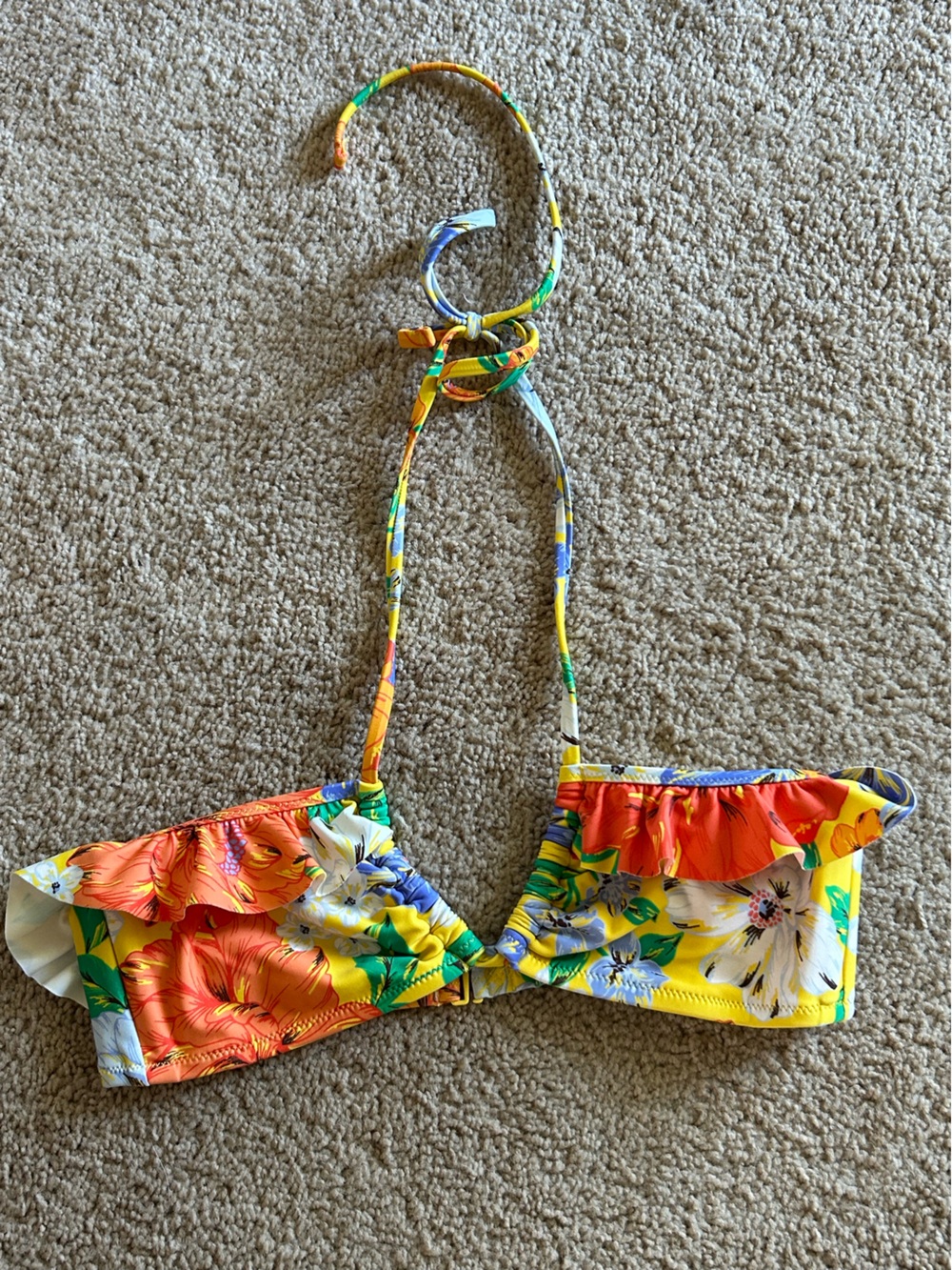 American Eagle Aerie Yellow Floral Halter Bikini Top with Orange & Blue Flowers